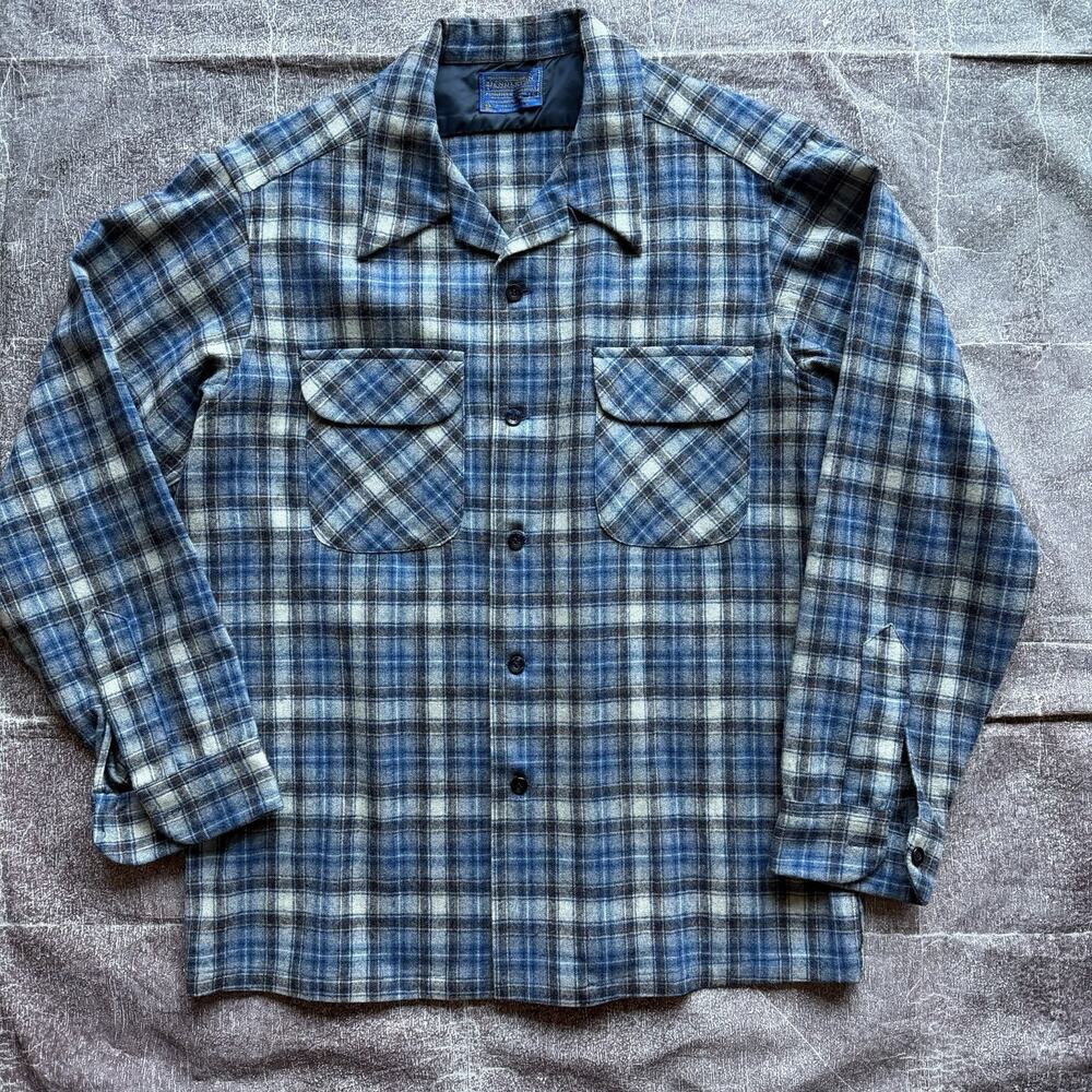 Men's Vintage 70's Pendleton USA Blue Plaid Loop Collar Flannel Board Shirt Sz L - Picture 1 of 6
